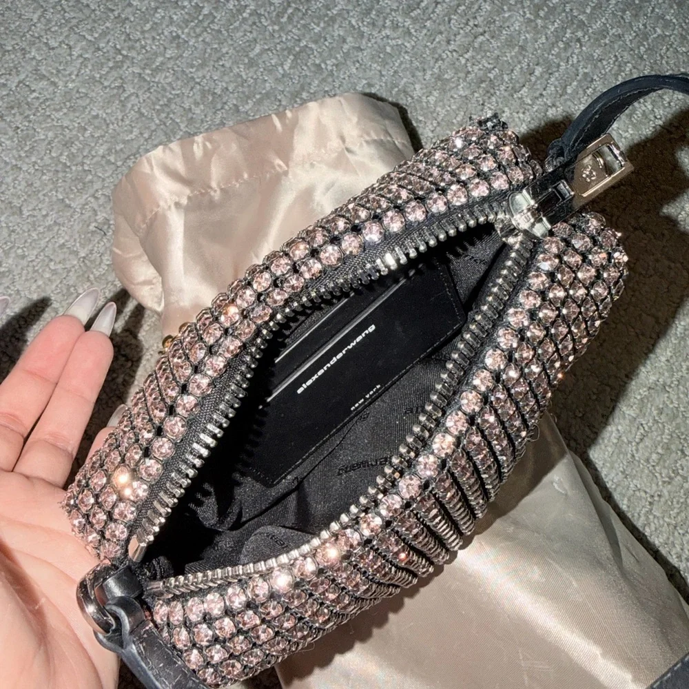 Alexander Wang Rose Gold Crystal Mesh Wristlet with Black Strap - Picture 3 of 3